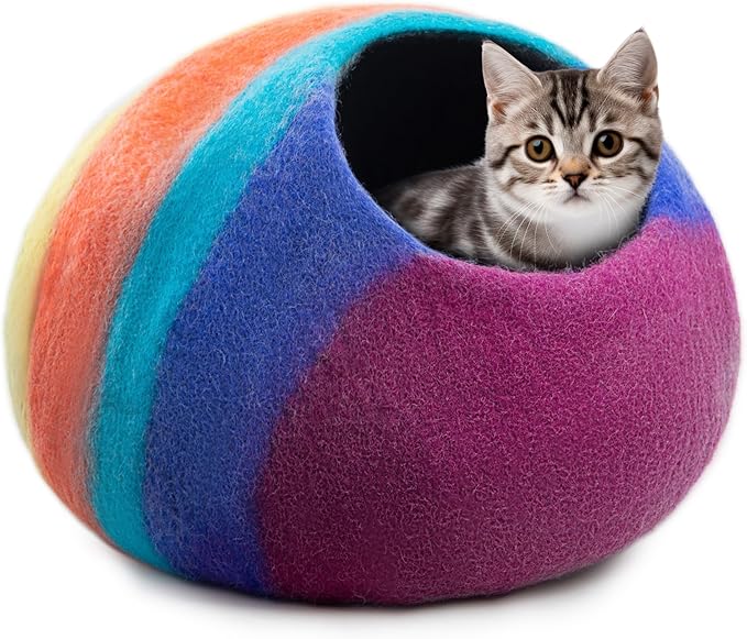 Woolygon Premium Felt Cat Cave Bed – Wool Kitty Beds Handcrafted Kitten Caves Bed for Indoor Cats - Made from Merino Wool, Foldable Cat Hideaway Covered Cat House Pod (Rainbow Twist)