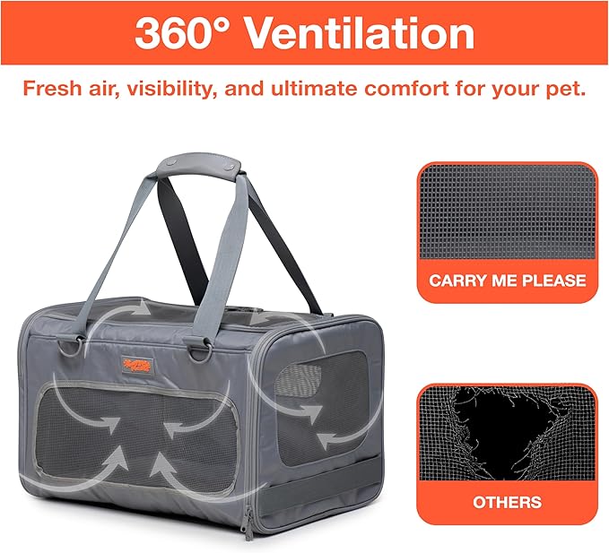 Airline Approved Dog & Cat Carrier (Gray) – Soft-Sided, Foldable Pet Travel Bag for Small Dogs, Puppies, & Large Cats (Up to 12KG) – TSA Approved, Anti-Scratch Mesh & Locking Zippers