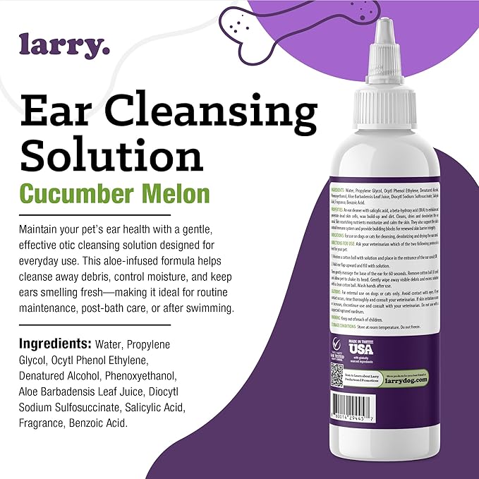 Larry Dog Ear Cleaner Solution, Cat Ear Cleaner, Gentle Ear Cleaner for Dogs & Cats – Cleans, Dries & Deodorizes to Help Remove Debris & Buildup, 8 fl oz