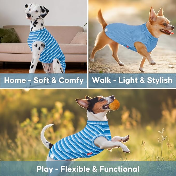 KYEESE 2Pack Waffle Dog Shirts for Large Dogs Stretchy T-Shirts Lightweight Tank Top Sleeveless Striped Shirt Vest Soft Breathable Pet Apparel, XXX-Large, Blue+Striped