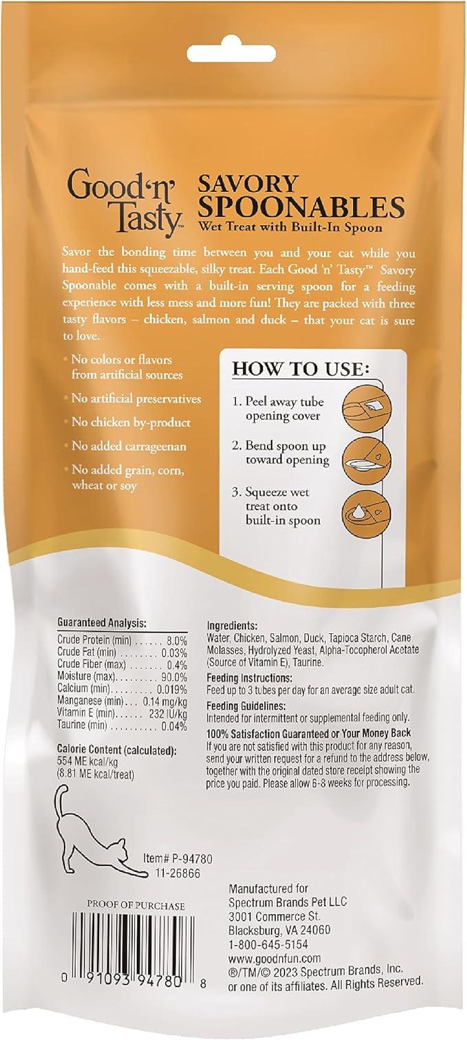 Good ‘n’ Tasty Savory Spoonables with Real Chicken, Salmon & Duck, 6 Count Tube, Triple Flavor Squeezable Lickable Wet Treats for Cats with Built-in Spoon for Less Mess