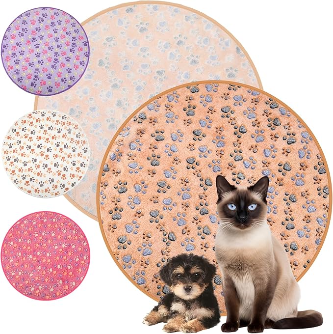 Tatuo 4 Pcs Dog Blanket for Pet Puppy Teething Toys Paw Print Fleece Blanket for Pet Cat Soft Warm Sleep Mat Guinea Pig Cage Mat (White, Coffee, Pink, Purple,29 x 29 Inches,Round)