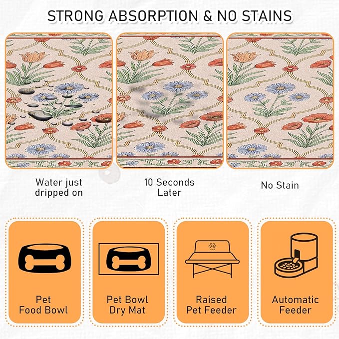 Dog Bowl Mat for Food and Water - Hamdwerk Absorbent Anti Slip Cat Feeding Mats for Floors, Quick Dry Pet Dog Feeding Matts, Diatomite Pet Dish Placemat Supplies, Vintage Floral Style, 17 * 30in