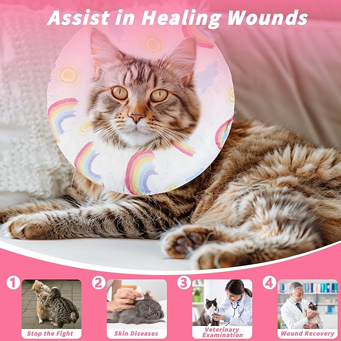 Soft Cat Cone Collar, Cute Cats Recovery Collar Suitable for Small, Medium, Large cat,Elizabethan Neck Collar for Cats After Surgery (Rainbow, Medium)