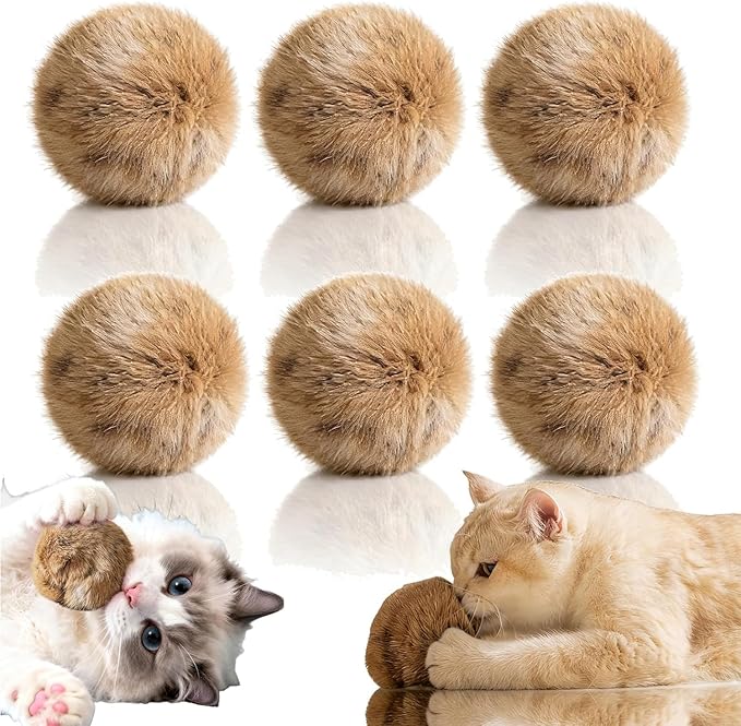 Rabbit Fur Ball Cat Toy, Rabbit Fur Balls for Cats, Furry Catnip Toy Ball Soft, Washable & Fun to Chase, for Bunny Kicks & Chase Games, for Indoor Exercise & Bonding (6PCS)