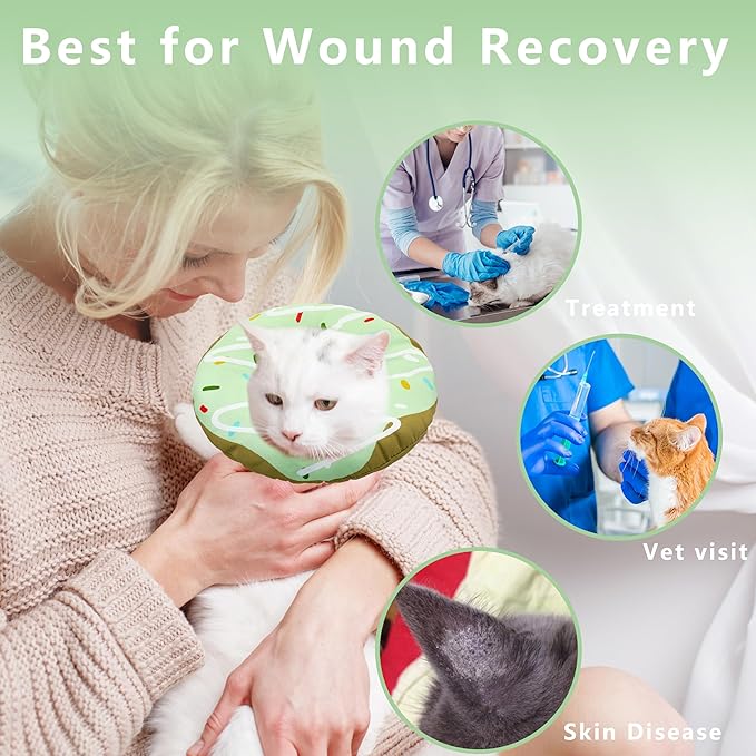 Seyezo Cat Cone Collar Soft, Adjustable Cat Recovery Collar Kitten Cones to Stop Licking, Cute Donut E Collar After Surgery, Cats Neck Pillow Cone Elizabethan Cones of Shame (Waterproof Green, Large)