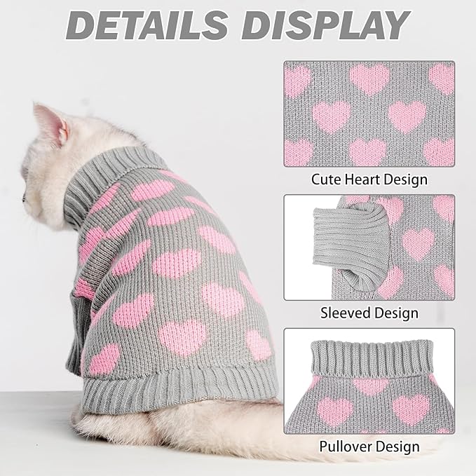 KOOLTAIL Cat Sweater - Valentine's Day Outfit with Hear Love Pattern Cold Weather Soft Warm Knit Turtleneck Clothes for Cats Kitten Small Dogs Puppy Greay M
