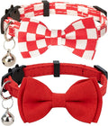 Collar for Cat Pet Breakaway with Bell Bowtie Detachable Bow Adjustable Safety Kitten Puppy Girl Boy 2pcs Plaid & Solid-Red