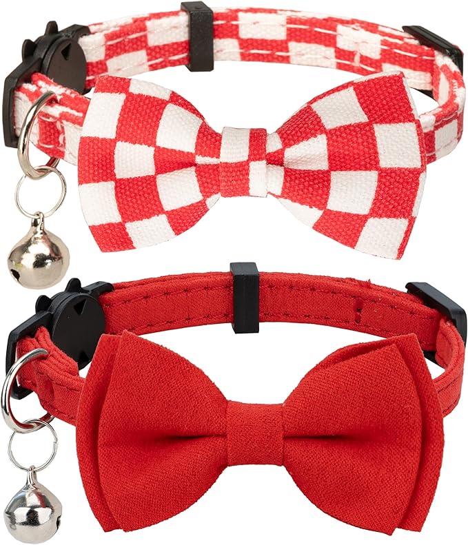 Collar for Cat Pet Breakaway with Bell Bowtie Detachable Bow Adjustable Safety Kitten Puppy Girl Boy 2pcs Plaid & Solid-Red