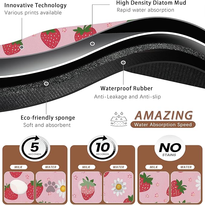 Cute Strawberry Flower Dog Cat Food Mat,Pink Absorbent Pet Feeding Mat with Rubber Backing,Non-Slip Water Bowl Placemat,Indoor Pet Accessories Supplies 16"x24"