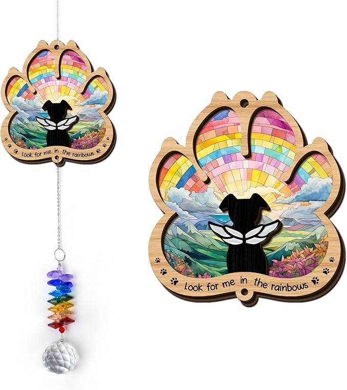 2 Layered Ornament Suncatcher - Rainbow Bridge Memorial Suncatcher - Pet Sympathy Keepsake - Paw Ornament for Loss of Dogs - Mother's Day Father's Day Christmas Birthday Gifts for Dog Lover