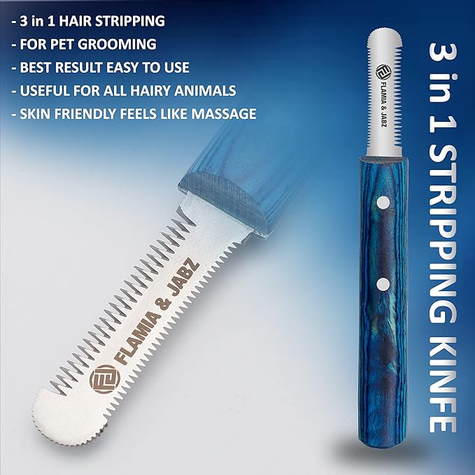 FLAMIA & JABZ FJ Professional Stripping Knife kit (6 pieces set) for Dogs & Pets, Wooden Handle Grip with Stainless Steel Blade (Right handed) (Blue)