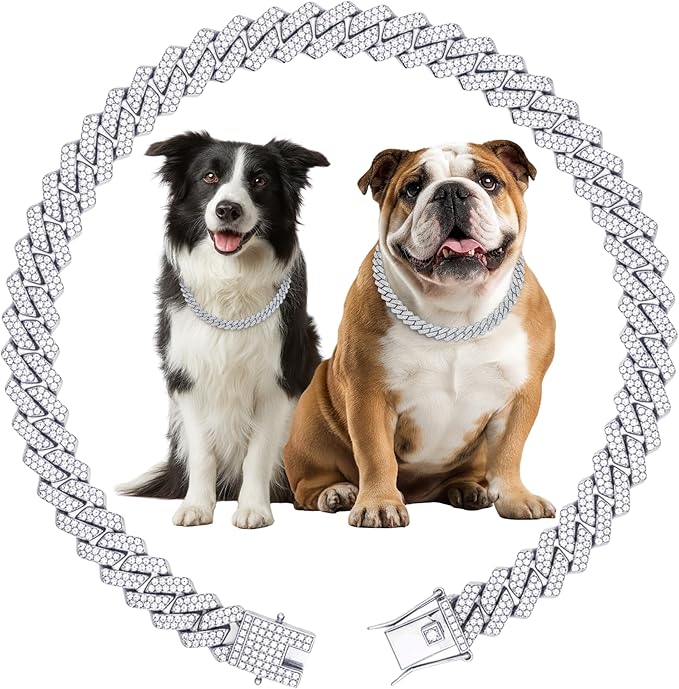 Luxury Cuban Link Dog Collar Silver Dog Chain Necklace with Diamond Rhinestones - 0.59 Inch Width Metal Pet Collar Jewelry for Small Medium Large Dogs & Cats (18 inch)