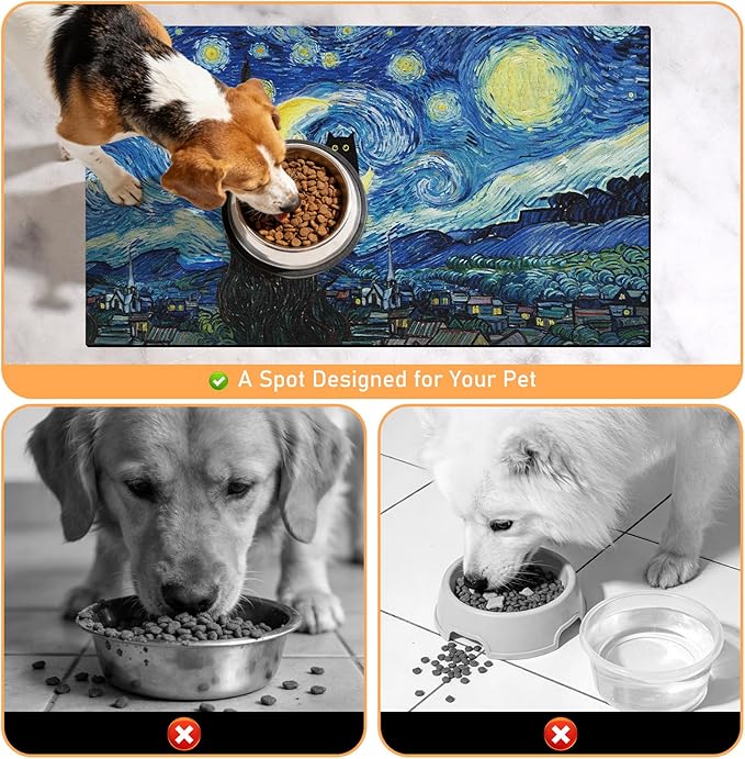 Dog Food Feeding Mat - Absorbent Diatomite Pet Dog Cat Bowl Mats for Food and Water, Anti Slip Dog Bowl Placemat for Floors, Quick Dry Pet Dish Matts Supplies, Black Cat Style, 17 * 30in