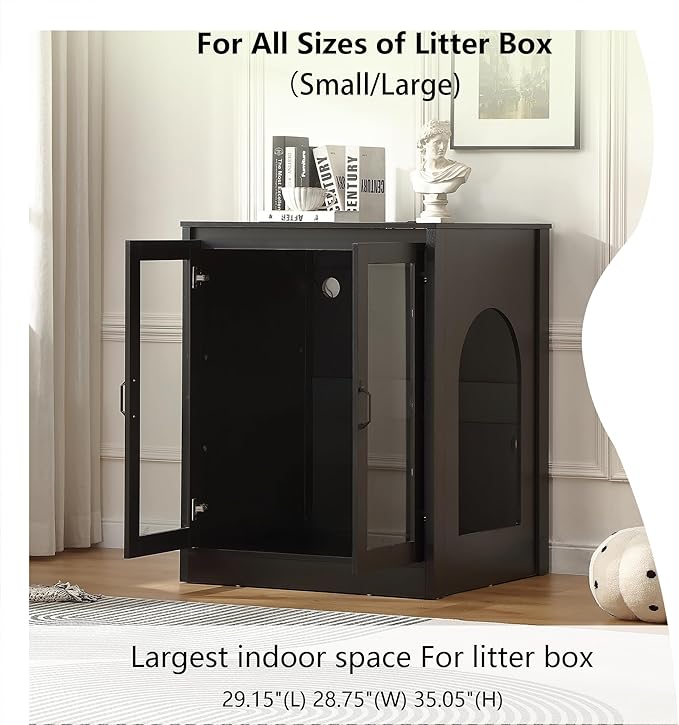 Cat Litter Enclosure with Glass Doors for Cat-Observant,Litter Box Cabinet with Cozy LED for Cats,Reversible and Optional Entry(Left or Right),Power Outlet for More Choice, Black