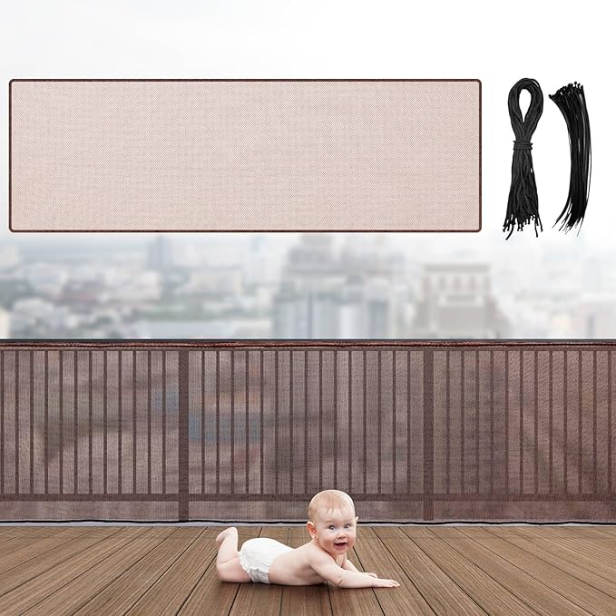 Hosuly Banister Guard 10 x 3 ft Balcony Netting for Kids Pets Stairway Safety Net Baby Fence Door Balcony Netting Safety Mesh Stair Net with No Drilling for Apartment Railing(Brown)