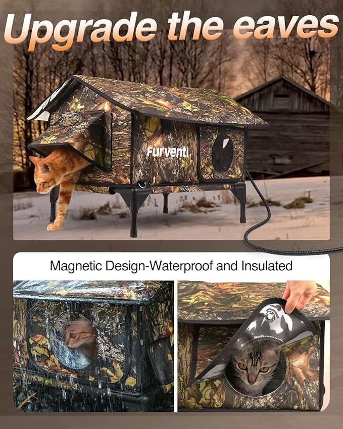 Heated Cat House for Outside,Extremely Weatherproof&Insulated in Winter,Elevated Outdoor Cat Shelter with Waterproof Eaves&Escape Door for Feral Stray Barn Cats(Leaves,M)
