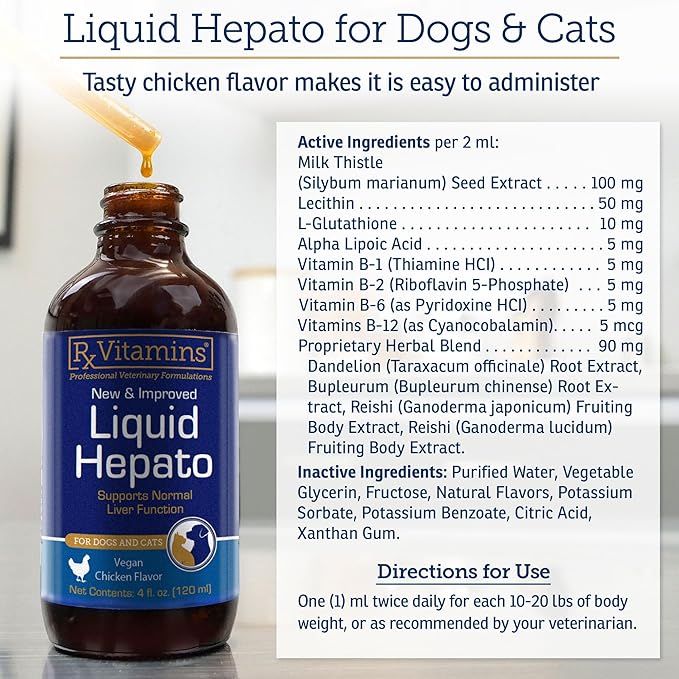 Rx Vitamins Liquid Hepato - Liquid Liver Support Supplement with Milk Thistle Extract - Hepatic Dog Supplement Enriched with Vitamin B Complex - Chicken Flavor (4oz)
