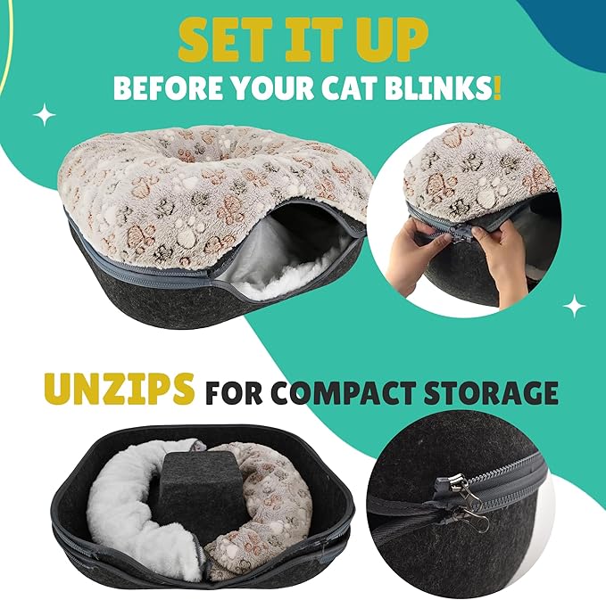 RINGTAIL Peekaboo Cat Cave - for Multiple & Large Cats Up to 30-45 lbs, Comfy Donut Cat Bed with 2 Soft Fluffy Fleece Cat Blankets, Scratch, Detachable & Washable Tunnel Bed (Dark Gray, Large)
