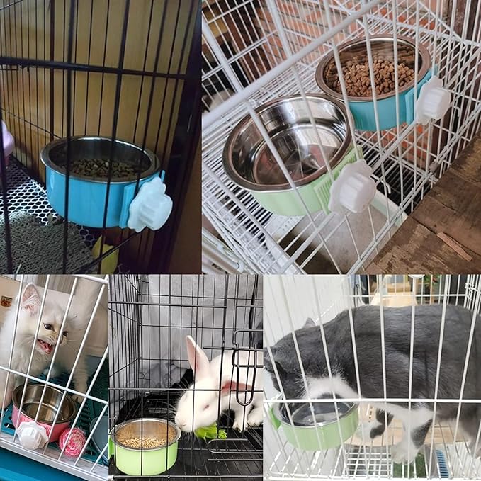 kathson Crate Dog Bowl, Removable Stainless Steel Hanging Pet Cage Bowl Food & Water Feeder Coop Cup for Cat, Puppy, Birds, Rats, Guinea Pigs (6 PCS, Size: M, 2×Blue,2×Green,2×Pink)