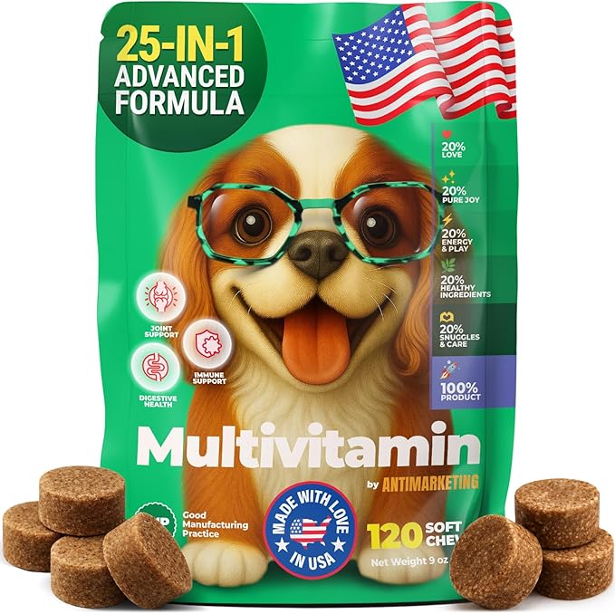 Dog Multivitamin Chewable Dog Vitamins and Supplements with Glucosamine, Probiotics & Omega – 120 Dog Vitamins Multivitamin for Skin, Coat, Joint & Immune Health