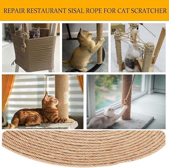 Natural Sisal Rope for Cat Scratcher - 100ft x 1/4" Durable Hemp Rope & Twine Cat Toy with Catnip, Includes Free Silvervine Sticks, Eco-Friendly for Cats & Kittens