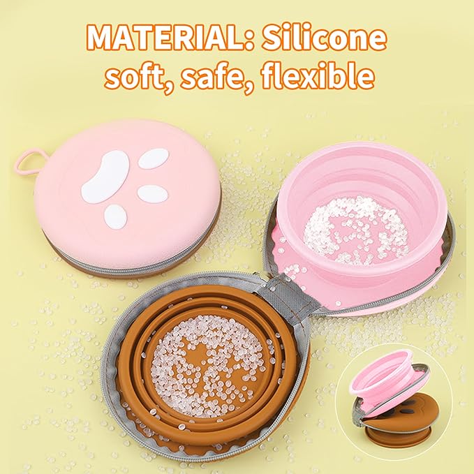 Collapsible Dog Bowls, 2-in-1 Pet Portable Travel Double Bowl Water Food Feeder Traveling Camping & Walking 25oz Brown Pink