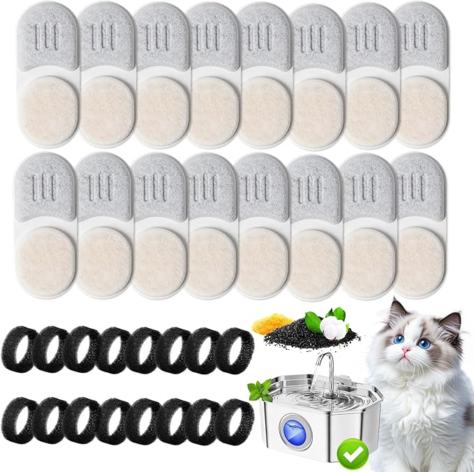 16+16 Pack Cat Water Fountain Filters Replacement Set Compatible with APAUK Stainless Steel 108oz/3.2L Pet Water Dispenser, Includes 16 Filters & 16 Sponges for 6-Month Supply