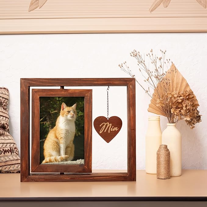 Personalized Wooden Rotating Pet Picture Frame for 4x6 Photo, Memorial Gift for Loss of Dog Cat, Rainbow Bridge Pet Hair Keepsake Fur Jar, In Loving Sympathy Pet Frame, Animal Loss Gift Passed Away