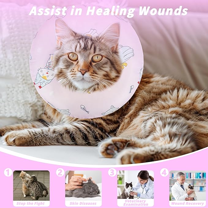 Soft Cat Cone Collar, Cute Cats Recovery Collar Suitable for Small, Medium, Large cat,Elizabethan Neck Collar for Cats After Surgery (Pink Cat, Large)