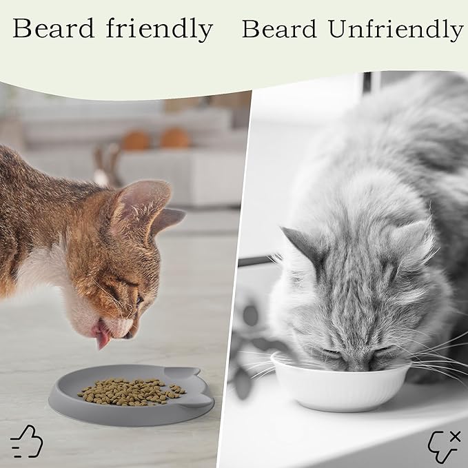 Cat Bowls for Indoor Gentle Small Kitten (2pcs, Soft Silicone) Shallow Wide Plates Feeder Whisker Fatigue Relief Cute Pet Kitty Food Water Dishes Set Anti Slip, Dishwasher Safe