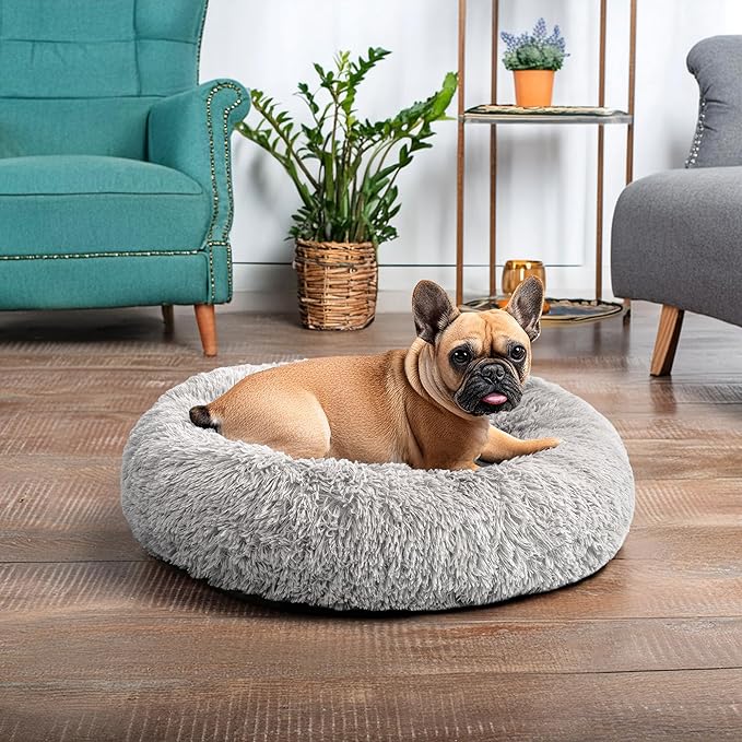 PetAmi Calming Dog Bed for Small & Medium Dogs and Cats, 23 Round Donut Dog Bed, Washable Fluffy Faux Fur Puppy & Cat Bed, Anti-Anxiety Plush Cuddler Pet Bed with Anti-Slip Bottom - Light Gray
