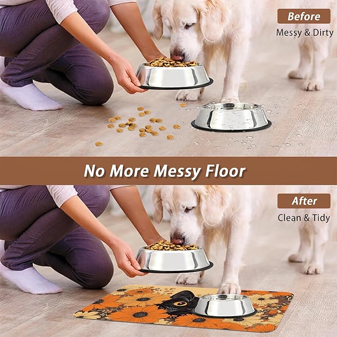 Black Cat Dog Food Mat for Floors,Fall Flower Daisy Absorbent Pet Food and Water Bowl Mats,Non-Slip Pet Feeding Mat,Pet Supplies 12" x 20"