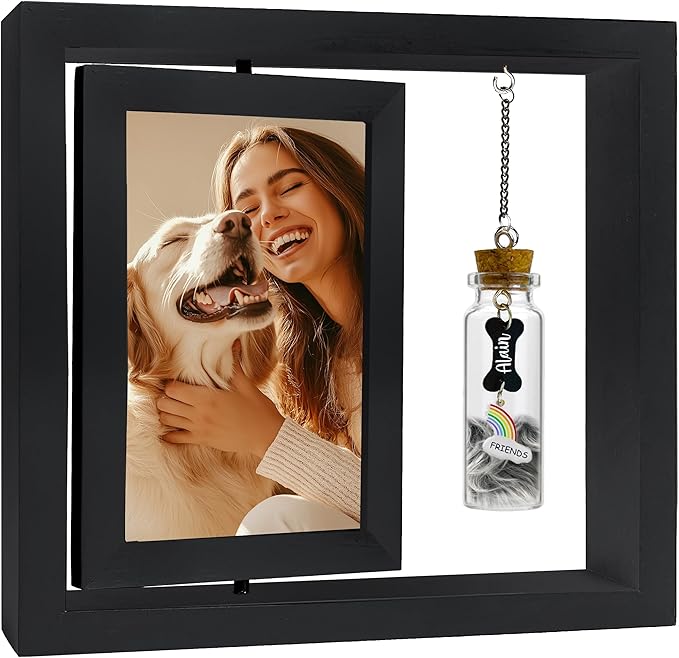 Personalized Wooden Rotating Pet Picture Frame for 4x6 Photo, Memorial Gift for Loss of Dog Cat, Rainbow Bridge Pet Hair Keepsake Fur Jar, In Loving Sympathy Pet Frame, Animal Loss Gift Passed Away
