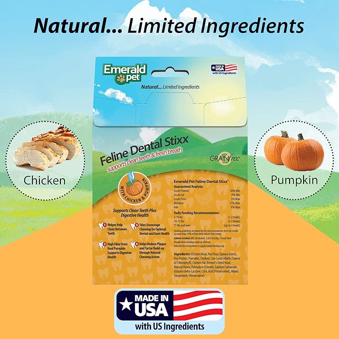 Emerald Pet Grain-Free Chicken Cat Dental Treats – Crunchy Dental Sticks for Cats to Clean Teeth, Reduce Plaque & Tartar, Freshen Breath – Pumpkin for Digestive Health, Natural Cat Chews, 3.6 oz