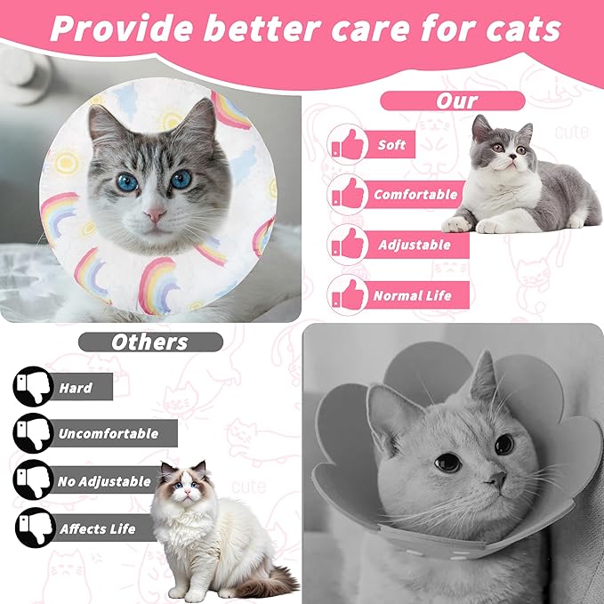 Soft Cat Cone Collar, Cute Cats Recovery Collar Suitable for Small, Medium, Large cat,Elizabethan Neck Collar for Cats After Surgery (Rainbow, Small)