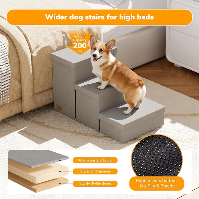 3-Step Wide Dog Stairs with Storage 18" H, Non-Slip Sturdy Pet Steps for High Bed Couch Window, Pet Stairs for Small/Medium/Large Old Dogs Cats Up to 200lbs, Cat Dog Steps for Car/SUV, Grey