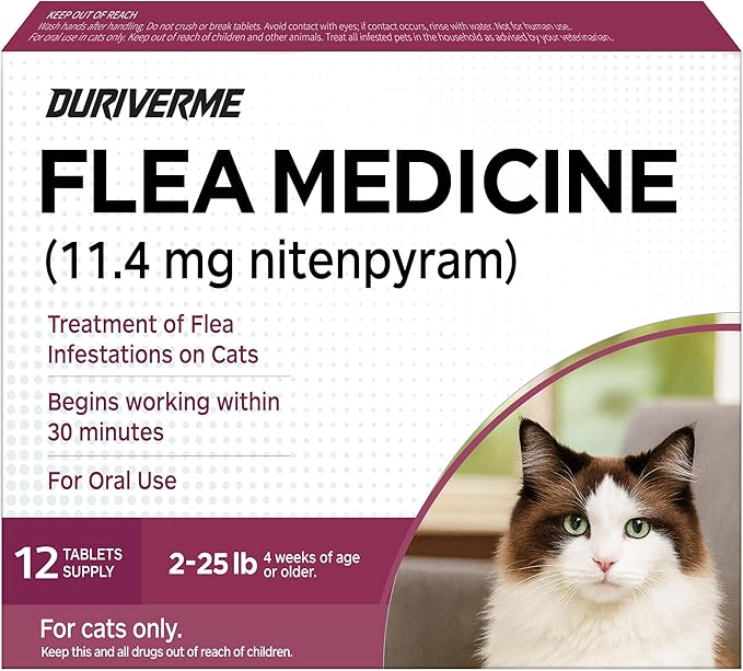 (nitenpyram) Oral Flea Treatment for Cats, Starts Removing Fleas in 30 Minutes, Fast-Acting Oral Flea Treatment for Cats 2-25 lbs, 12 Doses