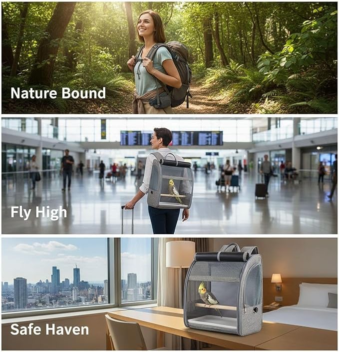 Bird Carrier with Mesh Window and Removable Perch & Tray, 12.2 X 9.6 X 15 in Portable Gray Bird Backpack, Suitable for Cockatiel