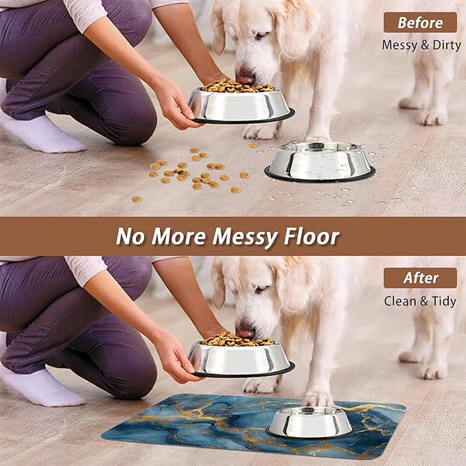 Marble Pet Feeding Mat,Blue Gold Marble Absorbent Quick-Dry Cat Dog Food and Water Bowl Mats,Non-Slip Rubber Backing Mat,Cat Dog Accessories Supplies 12"x20"