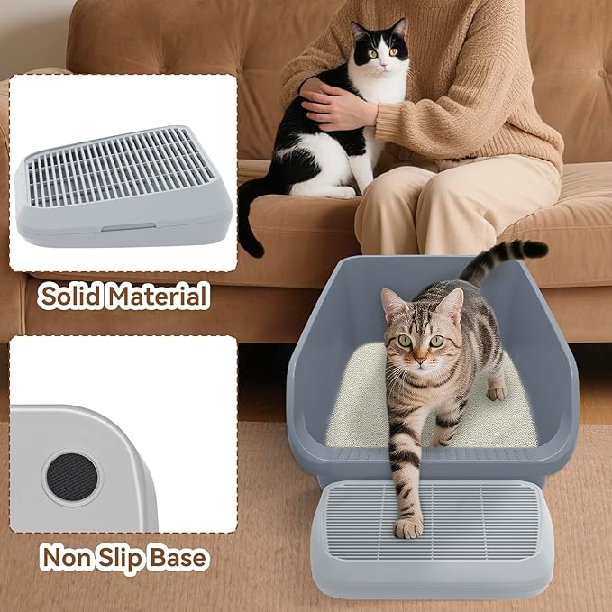 Elevated Litter Box Ramp/Steps for Kittens & Old Cats,Washable Litter Catcher Stairs for Automatic Cat Litter Box,Anti-Tracking Cat Litter Mat Pedal with Filter,Easy to Clean (Light Grey)