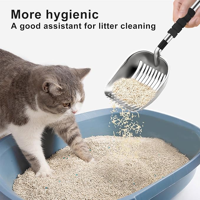 Cat Litter Scoop, Metal Litter Scooper with Deep Shovel, Scooper Long Handle Detachable Components Stainless Litter Scooper，Large Durable Cat Litter Shovel with Foam Pad Grip(Silver Color)