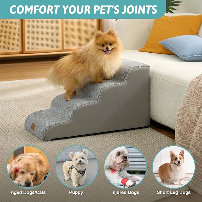 Dog Stairs for Small Dogs 15.7" H, 4-Step Sturdy Foam Dog Steps for Couch and Bed, Curved Pet Stairs for Puppy and Older Cat, Doggie Ladder with Washable Cover, 15.7x28.3x15.7 inch, Gray