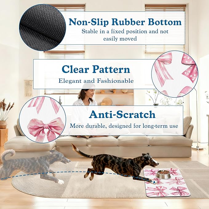 Pink Bows Dog Cat Food Mat–Christmas Stocking Absorbent Waterproof Placemat for Food and Water Bowls, Non Slip Rubber Backing, Feeding Mat for Clean Floors 12"x20"
