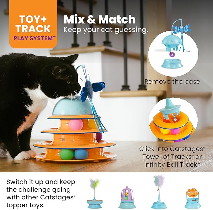 Catstages 2-in-1 Flutter Dome Electronic Cat Toy – Plush Motion Toy for Indoor Cats, Ball Track Add-On, Blue