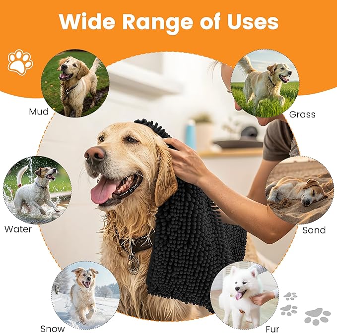 Smiry Chenille Dog Drying Towel, Extra Absorbent Bath Towel for Mud Dogs, Ultra Soft Quick Dry Pet Wash Mitt for Bathing, Grooming and Post-Walk Cleaning (31x13 Inches, Black)