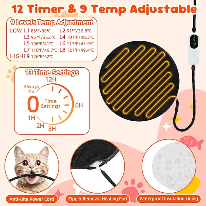 FHTONGE 2 in 1 Heated Cat Bed Cave with Timer Temp Adjustment, Thermal Enclosed Kitten Bed Hideaway Machine Washable, Self-Warming Cozy Pet Nest Covered Beds for Indoor Kitten Old Cat Puppy Small Dog