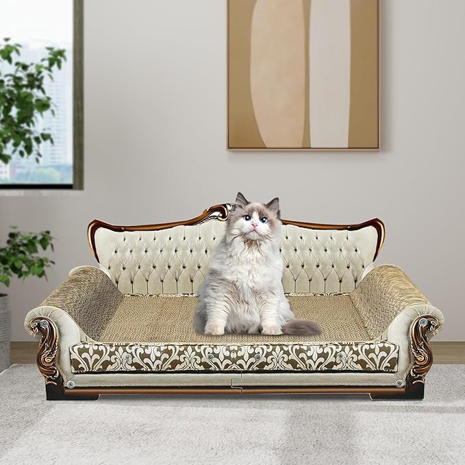 Luxury Cardboard Cat Scratcher Sofa Bed, Couch Shaped Scratching Board, Scratch Lounge with Catnip, Scratcher for Indoor Cats Large Grey