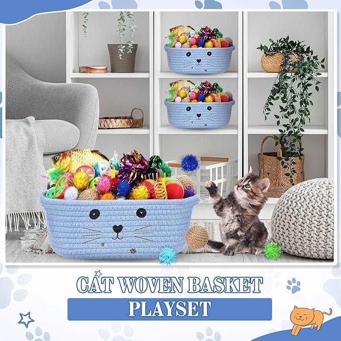 Zopeal 58 Pcs Valentine's Day Cat Storage Basket Gift Toys Set, Colorful Flashing Balls Pet Bell Crinkle Balls Spring Toys Attract Cat to Swat, Hunt, Interactive for Pet(Light Blue,9.8 Inch)