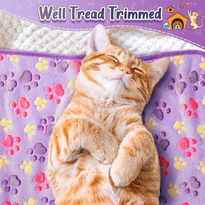 Tatuo 4 Pcs Dog Blanket for Pet Puppy Teething Toys Paw Print Fleece Blanket for Pet Cat Soft Warm Sleep Mat Guinea Pig Cage Mat (Medium(30 x 20.5 Inch),Purple)